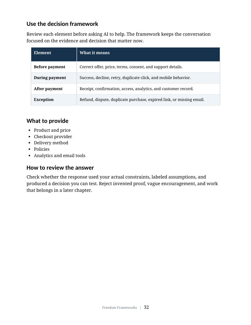 Decision framework sample page